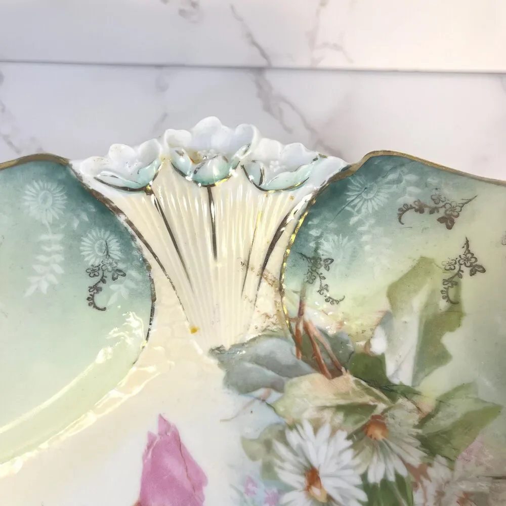 Antique R.S. Prussia Serving Bowl Roses Teal Panels Gold Gilt RED MARK (c. 1900)